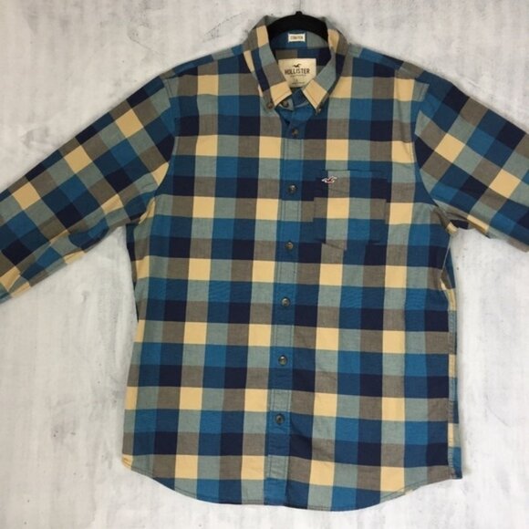 Hollister Stretch Button Down Shirt Mens Large Long Sleeve Block Check Pattern - Picture 2 of 11